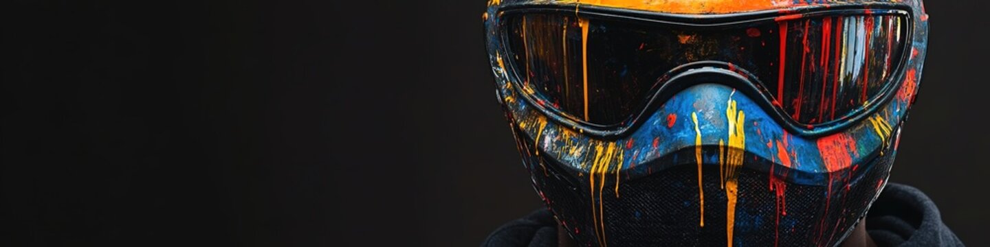 Colorful helmet with paint splatters on dark background.