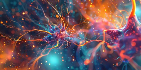 A vibrant abstract depiction of neural connections, showcasing colorful synapses and glowing particles in a dynamic, interconnected network.