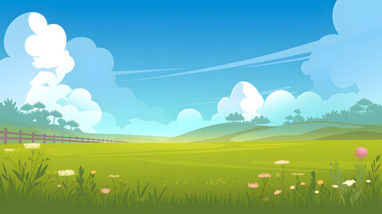 Obraz premium An illustration of a serene nature scene with a clear blue sky, fluffy white clouds, and a vast gree