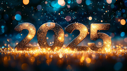 New Year 2025 message fireworks and glitters shiny abstract background, 2025 Happy New Year Greeting Card with randomized flowing bokeh and fireworks, card or banner to wish a happy new year 2025.