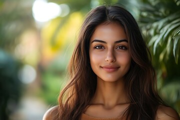 Fototapeta premium Calm Asian Woman Lush Foliage Background