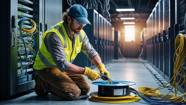 Technician organizes wires in a high-tech server facility layout.