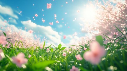 Obraz premium Spring blossoms falling on vibrant green grass under a sunny sky.