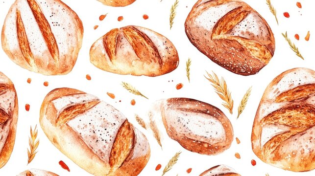 Watercolor border design featuring a seamless pattern of artisanal bread perfect for culinary themed projects
