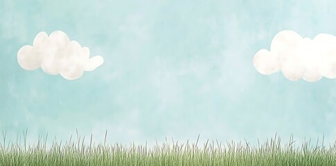 Obraz premium A grassy field in flat pastel green with a light blue sky and white clouds, drawn in a children's book style. 