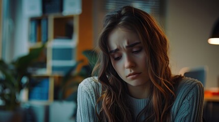 A young woman sitting in an office, looking upset and dealing with a problem.

