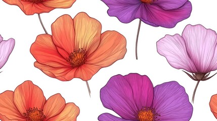 Seamless pattern of hand drawn flowers featuring vibrant colors on a white background perfect for fabric design and home decor