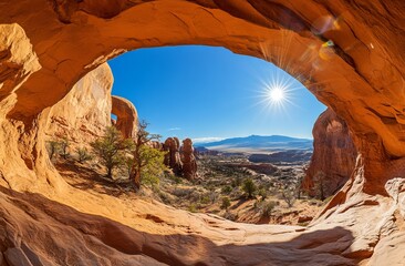 Sun Flare and Arches in Arches National Park, Utah. AI generated illustration