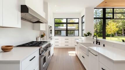 Fototapeta premium Modern kitchen with sleek design, large windows, and white cabinets, showcasing minimalist elegance.