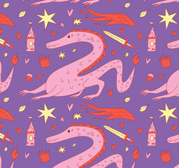 Fototapeta premium Seamless Pattern Featuring Dragons, Castles, Crowns, Swords, Stars, and Hearts. Vibrant Design in Purple, Pink, and Red Tones. Decorative Composition for Kids and Fantasy Themes. Flat Vector Illustrat