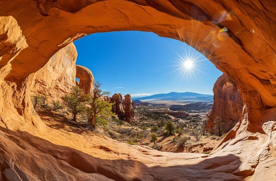 Sun Flare and Arches in Arches National Park, Utah. AI generated illustration
