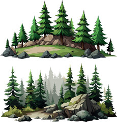 Obraz premium Lush green pine forest growing on rocky terrain