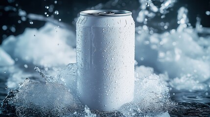 A cold beverage can rests on a bed of ice cubes, exuding freshness and coolness. Perfect imagery for promoting drinks, summer refreshment, and advertising chilled products.