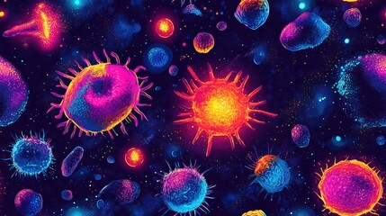 Obraz premium Colorful seamless pattern of human leukocyte antigens and T lymphocytes in a bright fluorescent style perfect for educational materials and medical illustrations