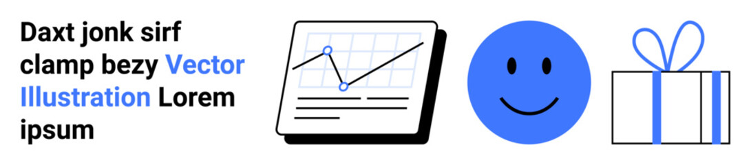 Business graph with upward trend, blue happy face, and gift box conveying growth, positivity, and reward. Ideal for success stories, celebrations, employee recognition, positive feedback