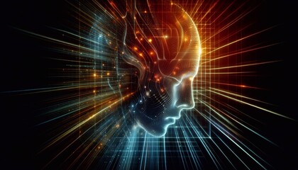 Obraz premium Futuristic Abstract Portrait with Neon Lights and Digital Lines