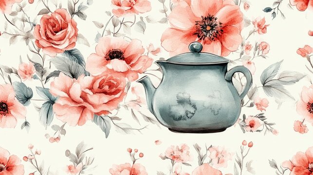 Seamless watercolor pattern featuring a vintage kettle alongside delicate pink flowers ideal for wedding invitations and greeting cards