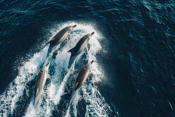 Fototapeta premium Aerial view of a luxury yacht surrounded by playful dolphins, capturing a moment of joy in the open sea.