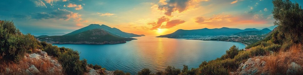 Fototapeta premium Panoramic View of Colorful Sunset Over the Sea with Mountains in the Background, AI generated illustration