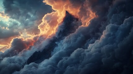 Dramatic mountain peak emerging through vibrant, swirling clouds at sunset.