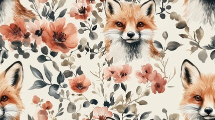 Fototapeta premium Seamless pattern of hand drawn watercolor fox surrounded by flowers ideal for children s animal themed decor forest animals cute patterns