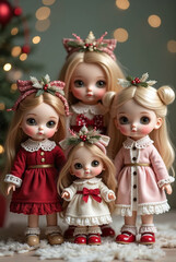 Isolated dolls on white background with Christmas and holiday decorations, featuring angel and vintage figures, perfect for child, gift, and celebration themes