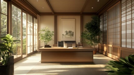 Fototapeta premium Sunlit minimalist Japanese-style home office with wooden desk, sliding doors, and potted plants.