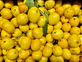 bright yellow lemons tangerines in a box in a supermarket on sale