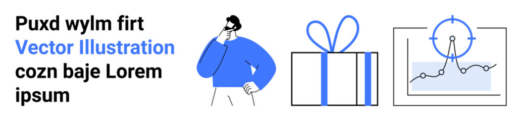 Businessman in blue pondering near gift box and data graph. Ideal for marketing, data analysis, gift giving, business strategy, e-commerce, conceptual thinking, promotional materials. Landing page