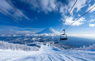 Ski lift on a snow-covered mountain with blue sky and clouds in the Alps. AI generated illustration