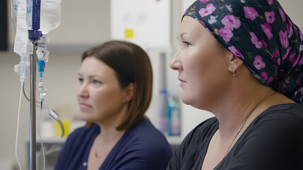 Obraz premium Patient receiving chemotherapy treatment in a hospital room, focusing on hope and resilience in the face of medical challenges.