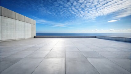 Empty concrete floor and gray wall with sea view plaza and clear sky in the background, concrete, floor, gray
