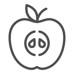 Cutted slice apple line icon, fresh fruits concept. Vector graphics. Apple with leaf sign on white background, outline style icon for mobile or web design.
