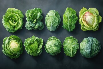 Fototapeta premium A variety of green cabbages and lettuce arranged on a dark background.