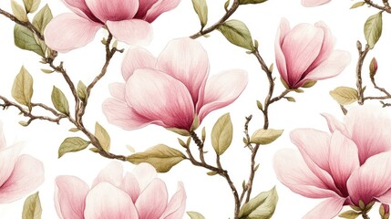 Obraz premium Seamless pattern of hand painted light pink magnolia flowers with twigs and leaves on a white background ideal for spring themed prints and cosmetic packaging