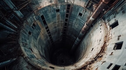 Naklejka premium A massive, abandoned industrial silo with rusted walls and dark depths, symbolizing decay and mystery. The desolate structure evokes a post-apocalyptic and dystopian atmosphere