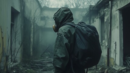 A hooded figure wearing a gas mask and carrying a backpack explores the foggy ruins of an abandoned building. The scene captures a post-apocalyptic atmosphere of desolation and survival
