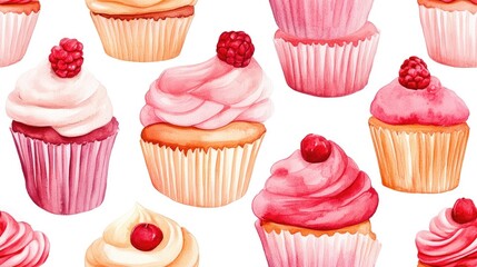 Seamless watercolor pattern featuring delightful cupcakes vibrant dessert illustrations for stylish backgrounds