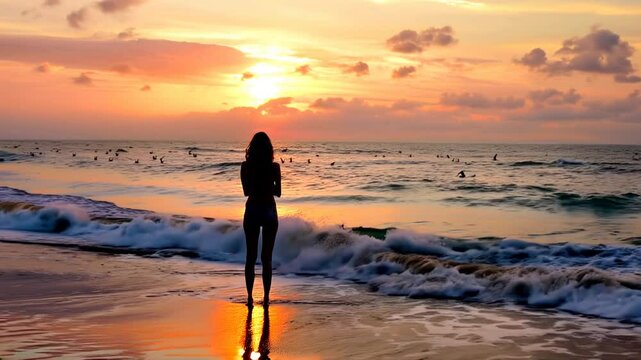 Woman looking at sea view at sunset thinking about life Girl relaxing in nature enjoying peace and quiet view nature background enjoying vacation trip