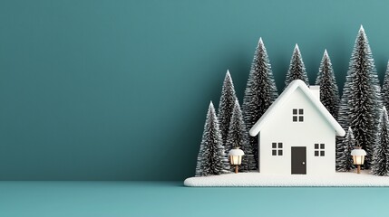 Naklejka premium Snow-covered house with pine trees, minimalist winter scene on teal backdrop, evoking cozy, serene holiday vibes.