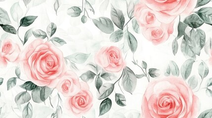 Fototapeta premium Watercolor seamless pattern featuring delicate pink roses and lush green leaves ideal for textile and wallpaper design floral decor