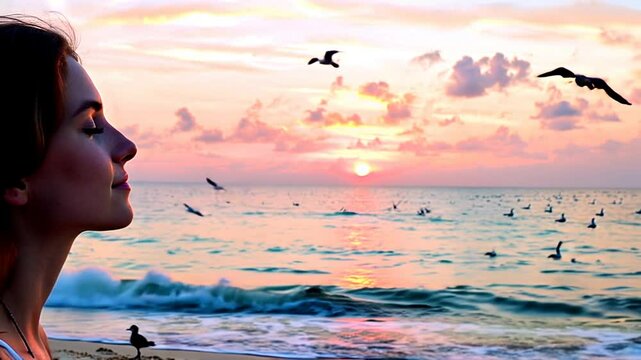 Woman looking at sea view at sunset thinking about life Girl relaxing in nature enjoying peace and quiet view nature background enjoying vacation trip