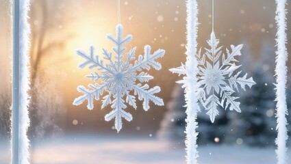 Delicate snowflakes adorn a window, capturing a serene winter moment.
