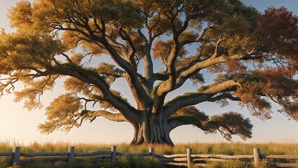 Obraz premium An impressive oak tree offers shade in a serene pastoral setting.