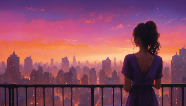Anime girl in lofi style, watching the city at night with a sad and moody expression