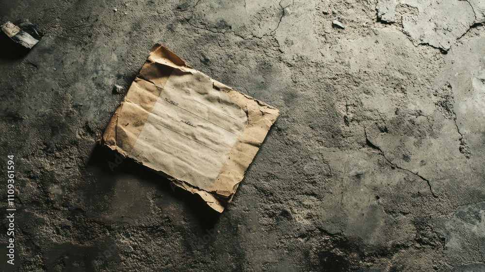 Poster grunge textured background with old, crumpled paper on a weathered concrete floor.