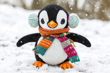 Knitted penguin toy wearing earmuffs and scarf in snow.