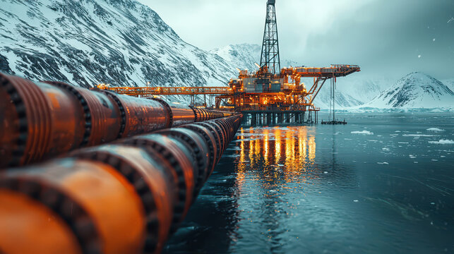 oil drilling platform stands majestically in remote Arctic landscape, surrounded by snow capped mountains and icy waters. scene captures industrial beauty and harsh environment of oil extraction