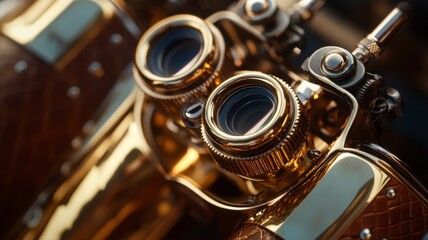 Naklejka premium A pair of gold colored binoculars with a gold band around the lens