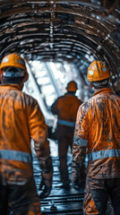 Oil workers in safety helmets navigate muddy tunnel, showcasing teamwork and resilience in challenging environment. Their orange uniforms contrast with dark surroundings
